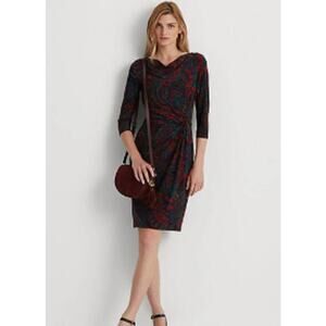 Lauren Ralph Lauren Paisley Twisted-knot Jersey Dress Lighthouse Navy/red Size 8